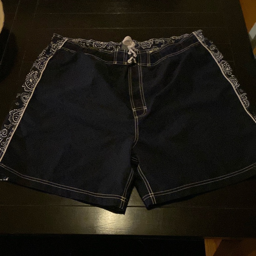 Faded Glory Swimming Trunks mens blue white paisley tie pocket, size XL, 40/42